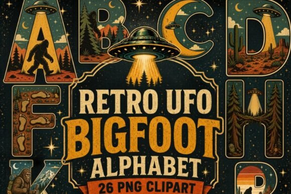 Download Retro UFO Bigfoot Alphabet PNG Bundle - Retro Collection