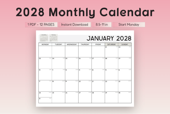 Download 2028 Monthly Planner Landscape (M Start) - Premium Bundle
